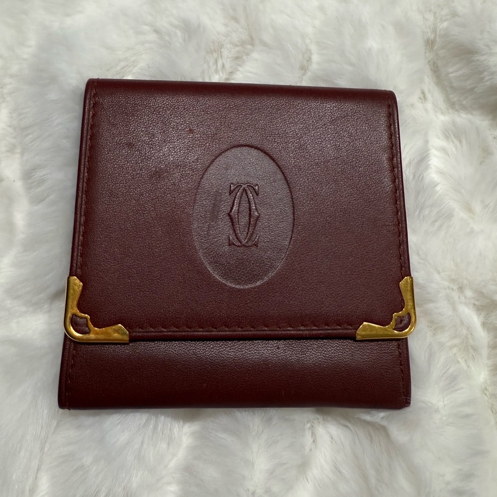 Cartier Burgundy Leather Wallet Card Holder with Gold Accents